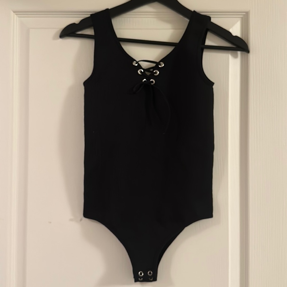 Black bodysuit Lace up top tank with two snap bottom closure, S/M